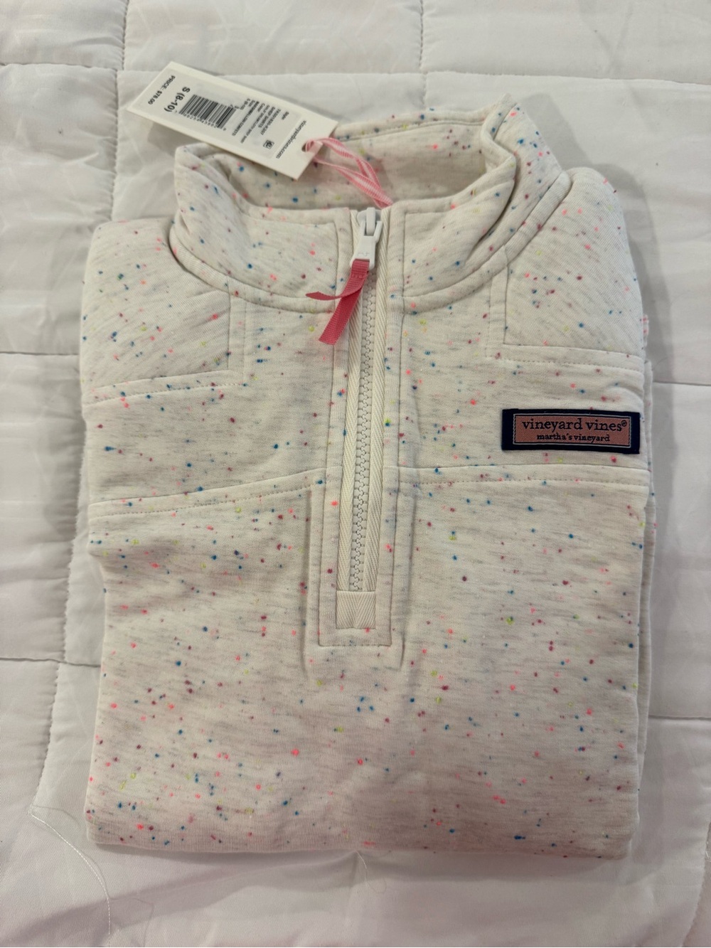 Vineyard Vines Cream Speckled Half-Zip Pullover with Pink Logo Patch